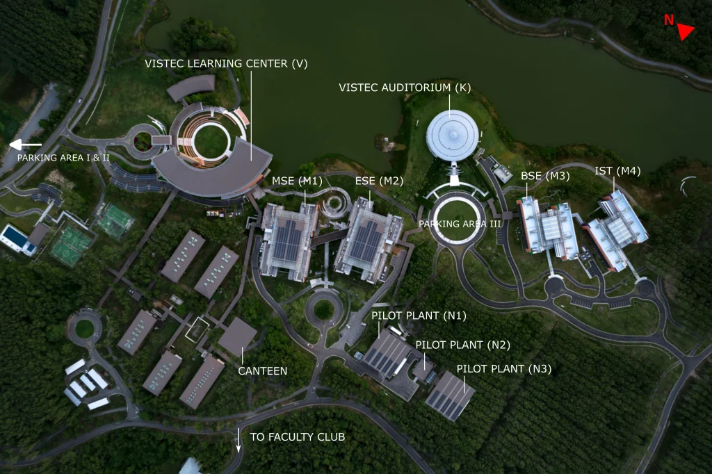 Labeled aerial map of the VISTEC campus showing buildings and parking areas